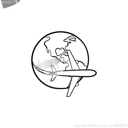 Image of Airplane flying around the world hand drawn icon.