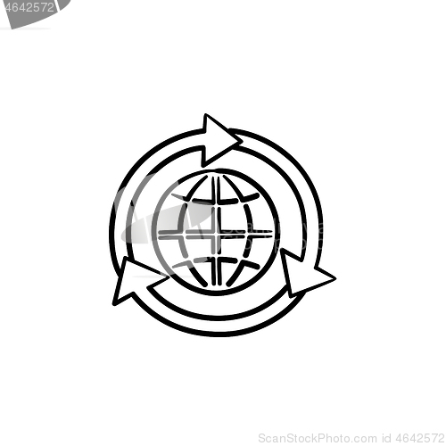 Image of Globe in circular arrows hand drawn sketch icon.