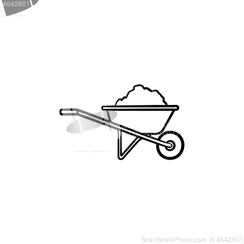 Image of Wheelbarrow full of sand hand drawn sketch icon.