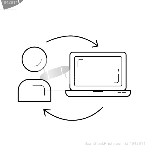 Image of Man studying online on computer vector line icon.