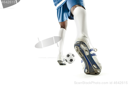 Image of legs of soccer player close-up isolated on white