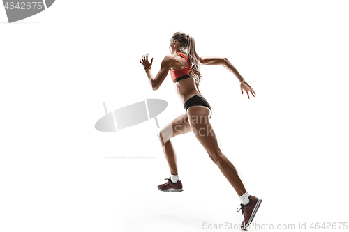 Image of one caucasian woman running on white background