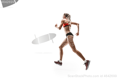 Image of one caucasian woman running on white background