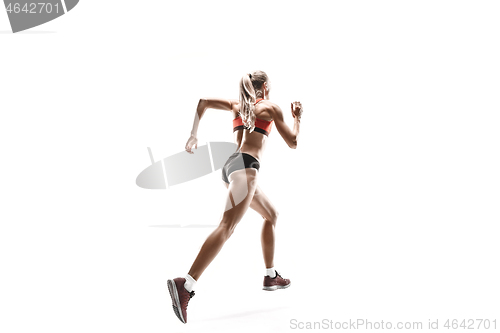 Image of one caucasian woman running on white background