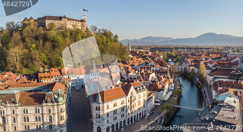 Image of Aerial drone panoramic view of Ljubljana, capital of Slovenia in warm afternoon sun