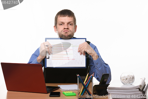 Image of Man in office style shows graphics and puffs cheeks
