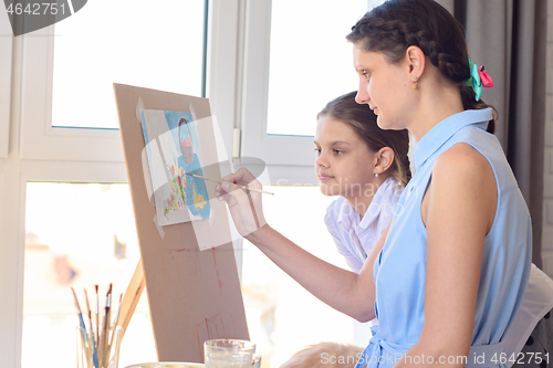 Image of Daughter watches mom draw on an easel