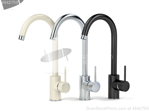 Image of Beige, silver and black colored kitchen faucets