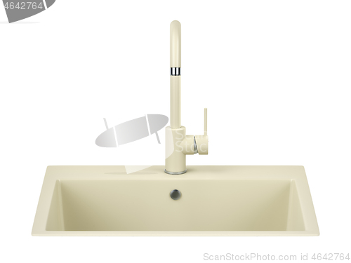 Image of Beige kitchen sink and faucet