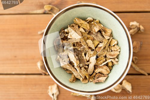 Image of dried mushrooms in bowl on wooden background