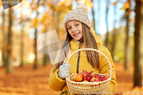 Image of girl with apples in wicker basket at autumn park