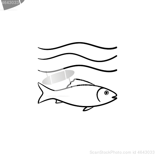 Image of Fish under sea wave hand drawn sketch icon.