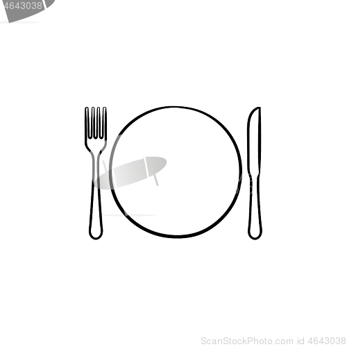 Image of Plate with fork and knife hand drawn sketch icon.