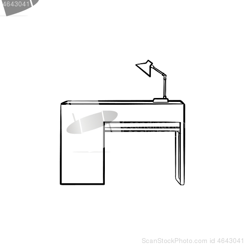 Image of Desk with lamp hand drawn sketch icon.