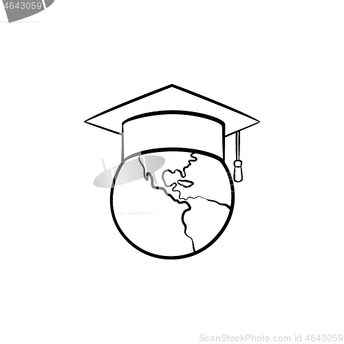 Image of Globe in graduation cap hand drawn sketch icon.
