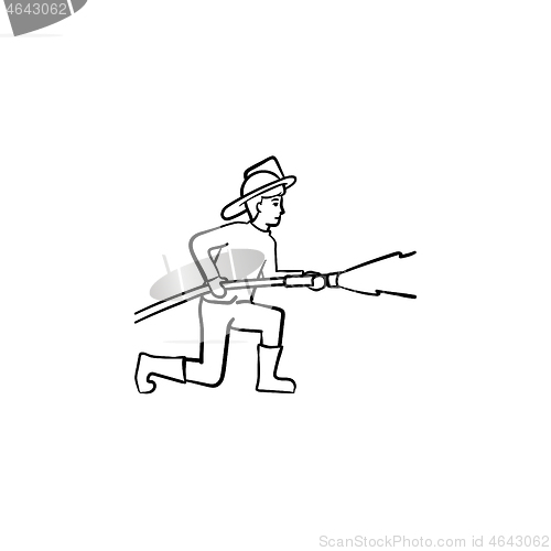 Image of Fireman spraying water hand drawn sketch icon.