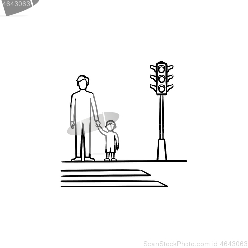 Image of Child and parent crossing a sidewalk sketch icon.