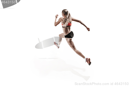 Image of one caucasian woman running on white background