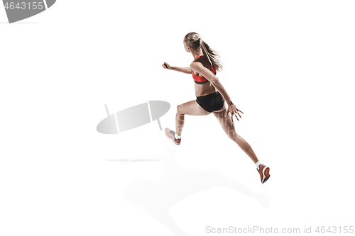 Image of one caucasian woman running on white background