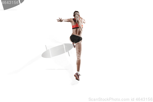 Image of one caucasian woman running on white background