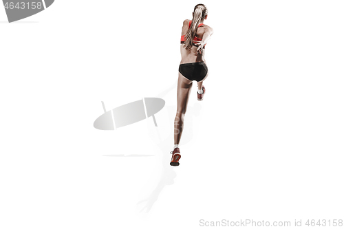 Image of one caucasian woman running on white background