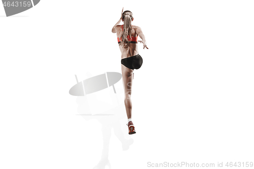 Image of one caucasian woman running on white background