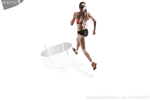 Image of one caucasian woman running on white background