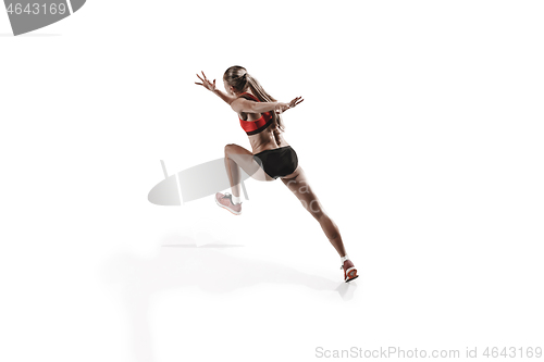 Image of one caucasian woman running on white background