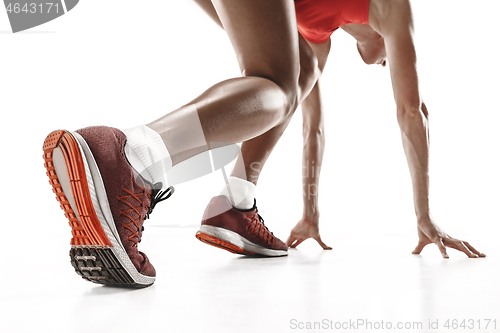 Image of one caucasian woman running on white background