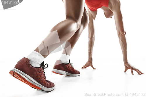 Image of one caucasian woman running on white background