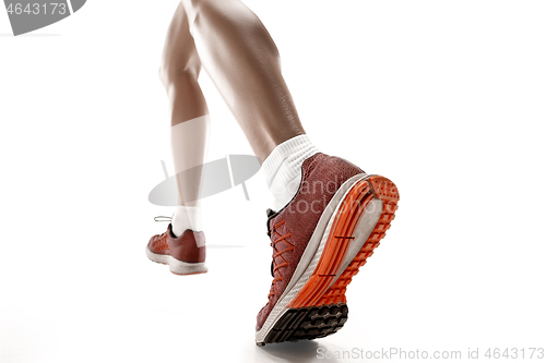 Image of one caucasian woman running on white background