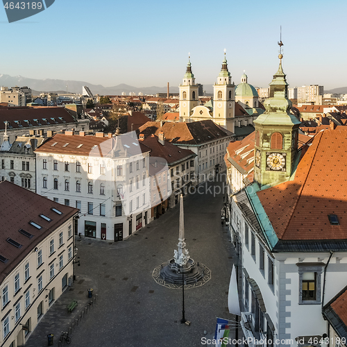 Image of Panoramic aerial view of Town Square in Ljubljana, capital of Slovenia, at sunset. Empty streets of Slovenian capital during corona virus pandemic social distancing measures in 2020