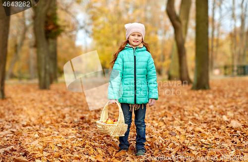 Image of girl with apples in wicker basket at autumn park