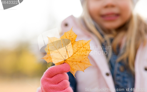 Image of close up of little girl with maple leaf in autumn