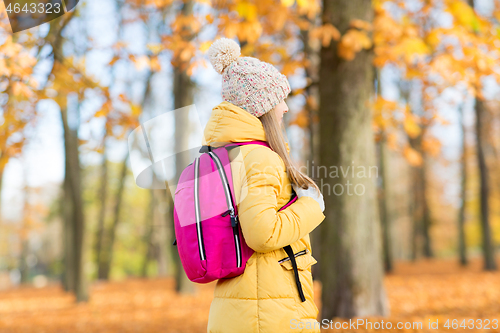 Image of student girl with school bag at autumn park