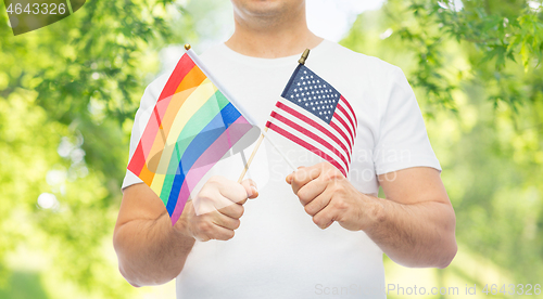 Image of man with gay pride rainbow and american flag