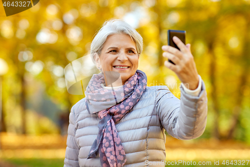 Image of senior woman taking selfie at autumn park