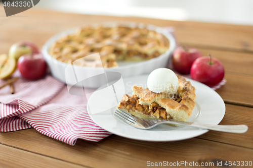 Image of piece of apple pie with ice cream on plate