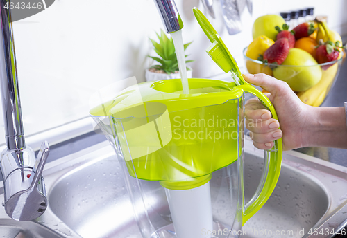 Image of Woman filling water filter jug in the kitchen