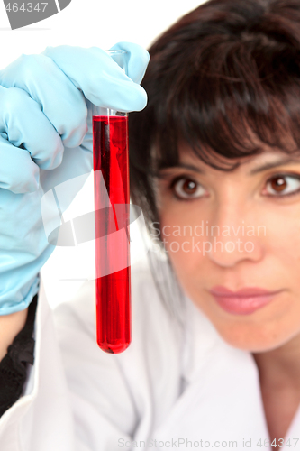 Image of Closeup of woman analysing test tube