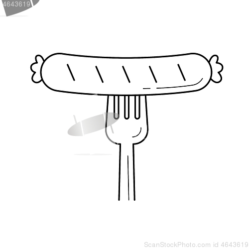 Image of Grilled sausage on fork vector line icon.