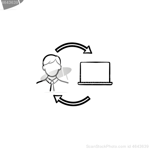 Image of Man studying online on computer hand drawn icon.