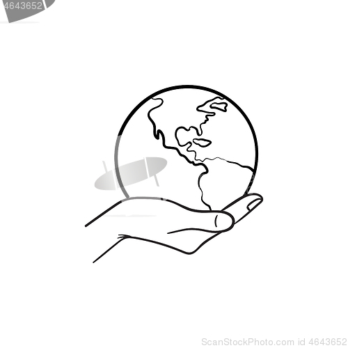 Image of Hand holding the globe hand drawn sketch icon.