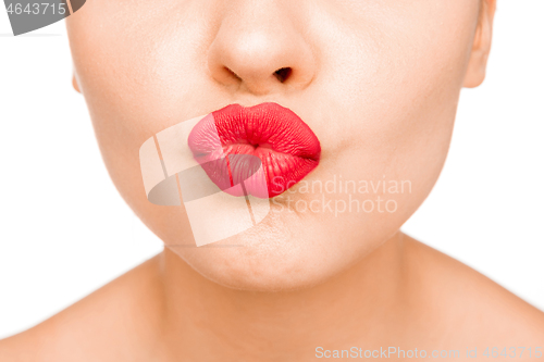 Image of Sexy Lips. Beauty Red Lip Makeup Detail. Beautiful Make-up Closeup. Sensual Open Mouth. l
