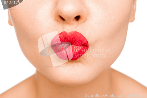 Image of Sexy Lips. Beauty Red Lip Makeup Detail. Beautiful Make-up Closeup. Sensual Open Mouth. l