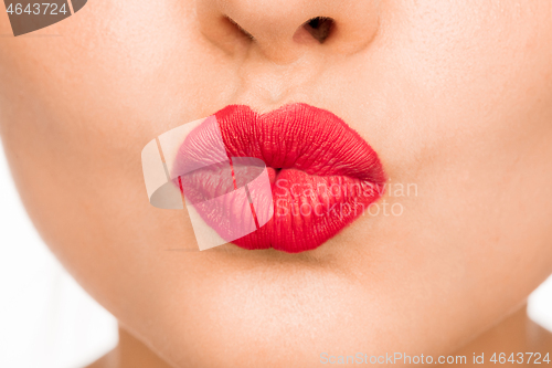 Image of Sexy Lips. Beauty Red Lip Makeup Detail. Beautiful Make-up Closeup. Sensual Open Mouth. l