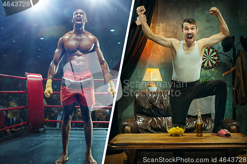 Image of The collage about crazy boxing fan watching match on television at home