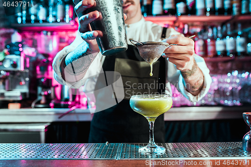 Image of Expert barman is making cocktail at night club.