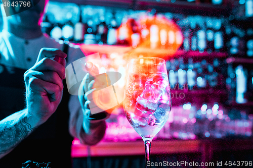 Image of Expert barman is making cocktail at night club.