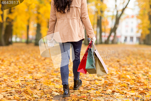 Image of woman with shopping bags walking along autumn park